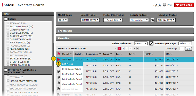 Inventory Search page - manage notes